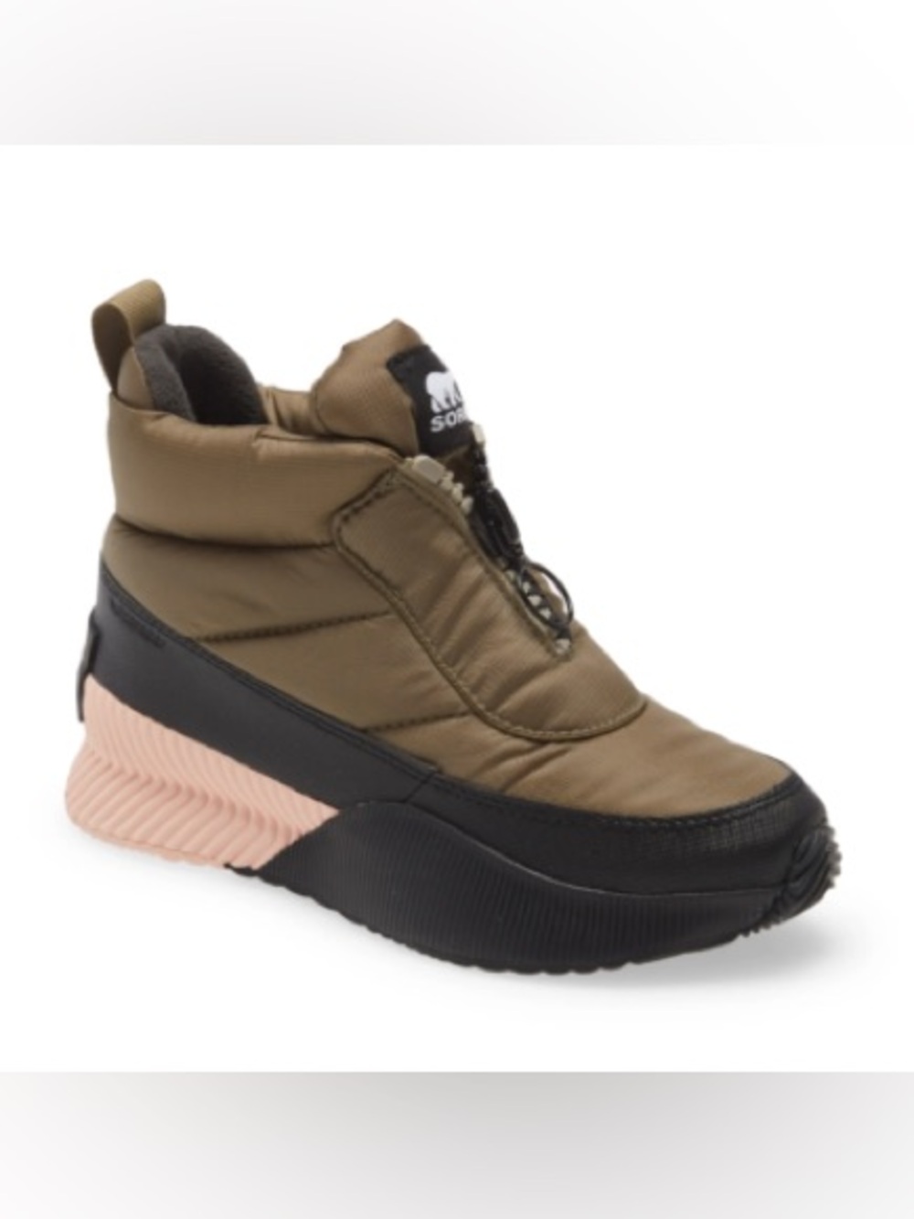 Sorel Olive and Black Puffer Wedge Boot with Pink Accent Women’s US 7.5